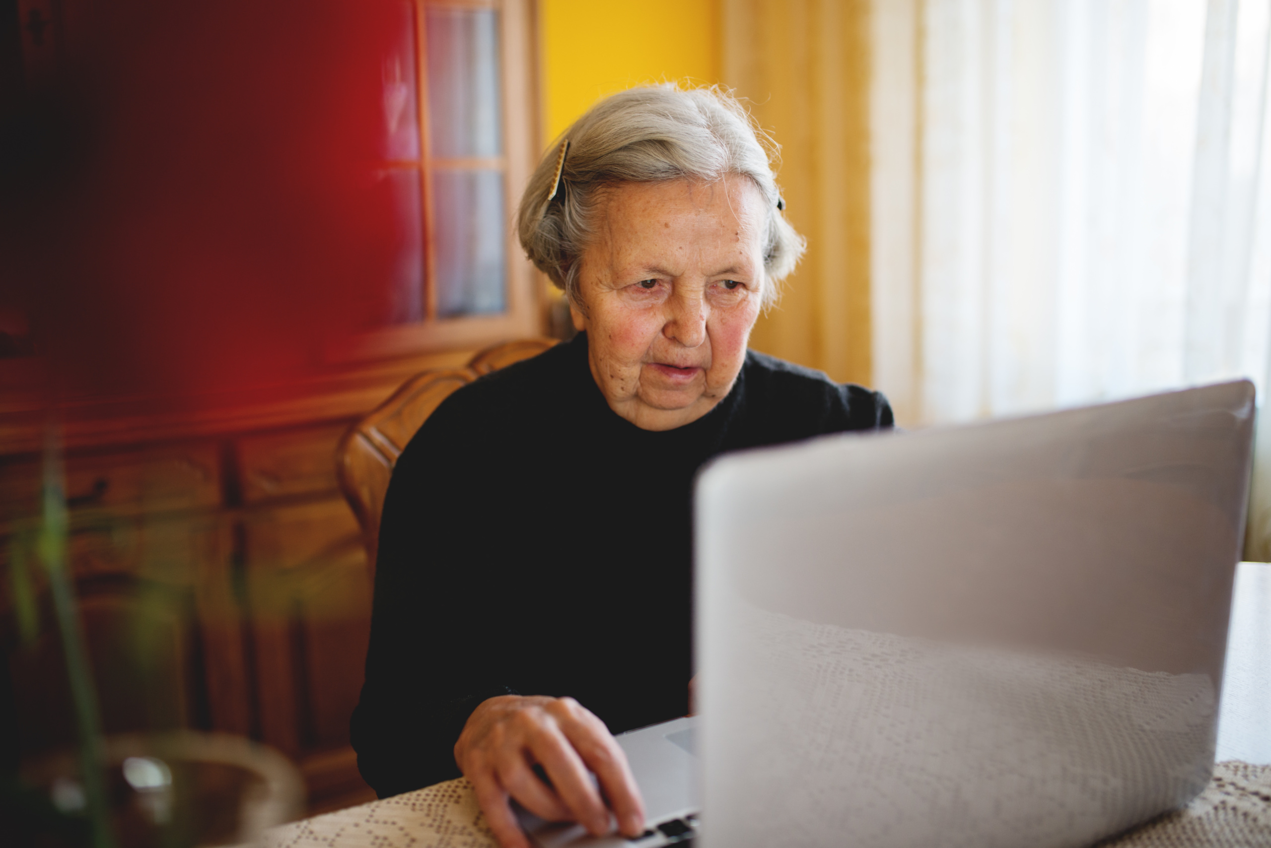 Grandmother surfing internet using laptop. She is looking at laptop screen typing with one hand.